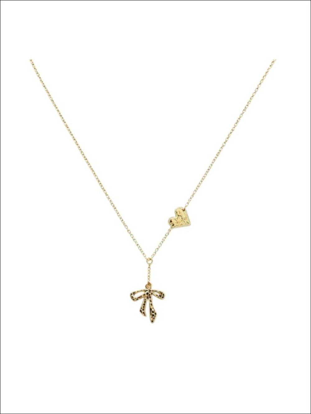 Gold Y Necklace Hammered Heart Bow Ribbon Drop Pendant O Chain Women Jewelry